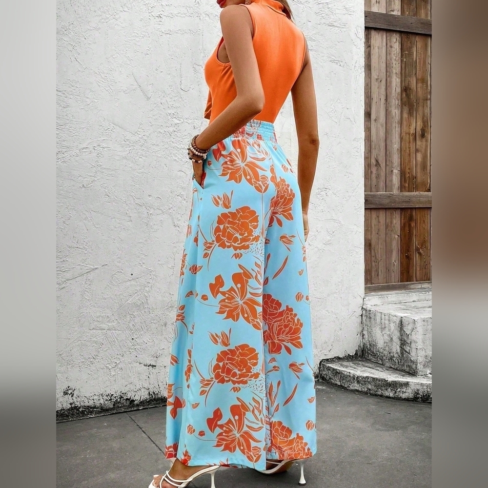 Stand Collar Vest And Floral Print Wide Leg Pants Casual Two-Piece Set - Picture 2 of 5